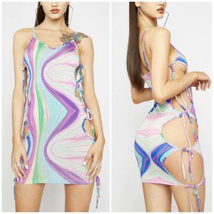 NWT Dolls Kill Wavy Print Cut Out Side Mini Dress Purple Festival Vacation Vegas